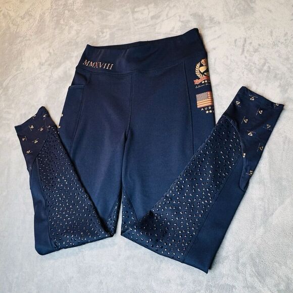 RARE Aubrion Sz 8 Team Riding Tights Navy Blue Leggings Equestrian Style - Picture 4 of 16